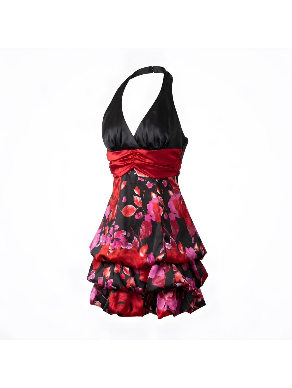 Taboo Black Halter Mini Dress with Red and Pink Floral Print